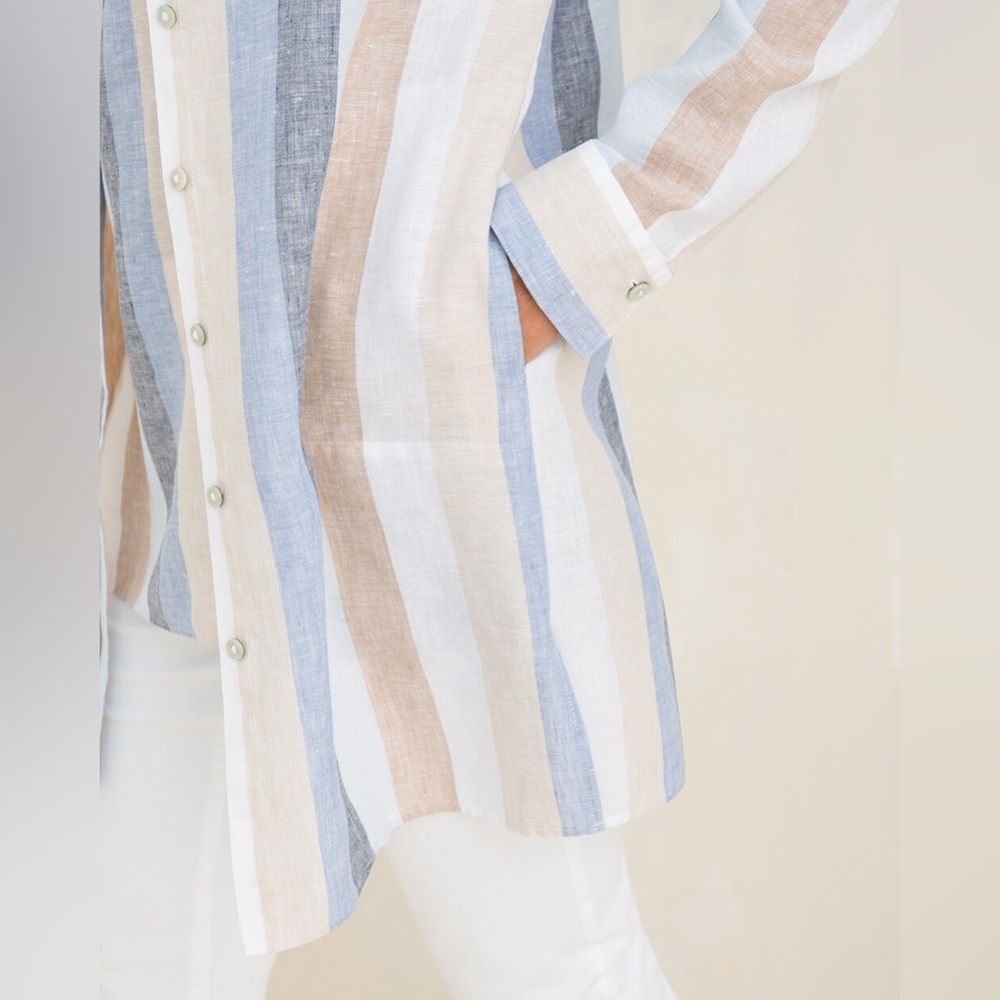 Chicos Linen Shirt Long Sleeve No-Iron Striped Tunic - Picture 14 of 15